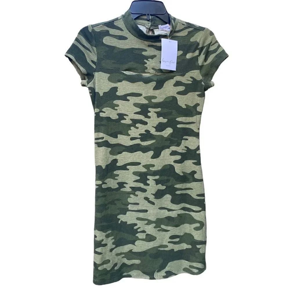 Love Fire Camouflage Dress With Cut Out Front Sz S NWT